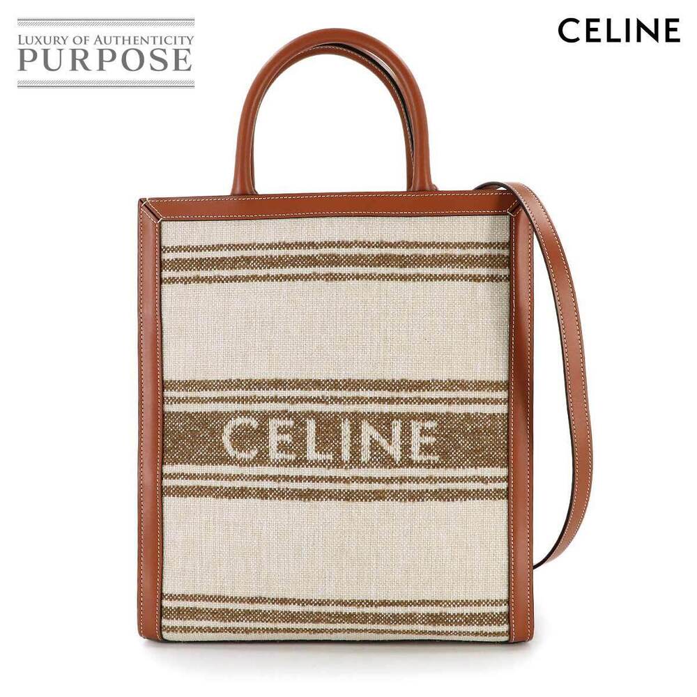 Celine Vertical Cabas Tote Shoulder Bag Textile Leather Tobacco Tan